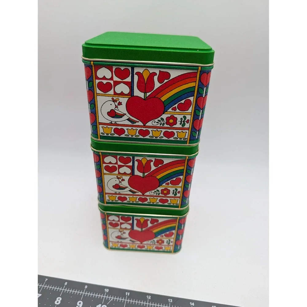 Potpourri Press Tin Canister Lot Green Hearts Rainbow Birds Tulips 3 Piece